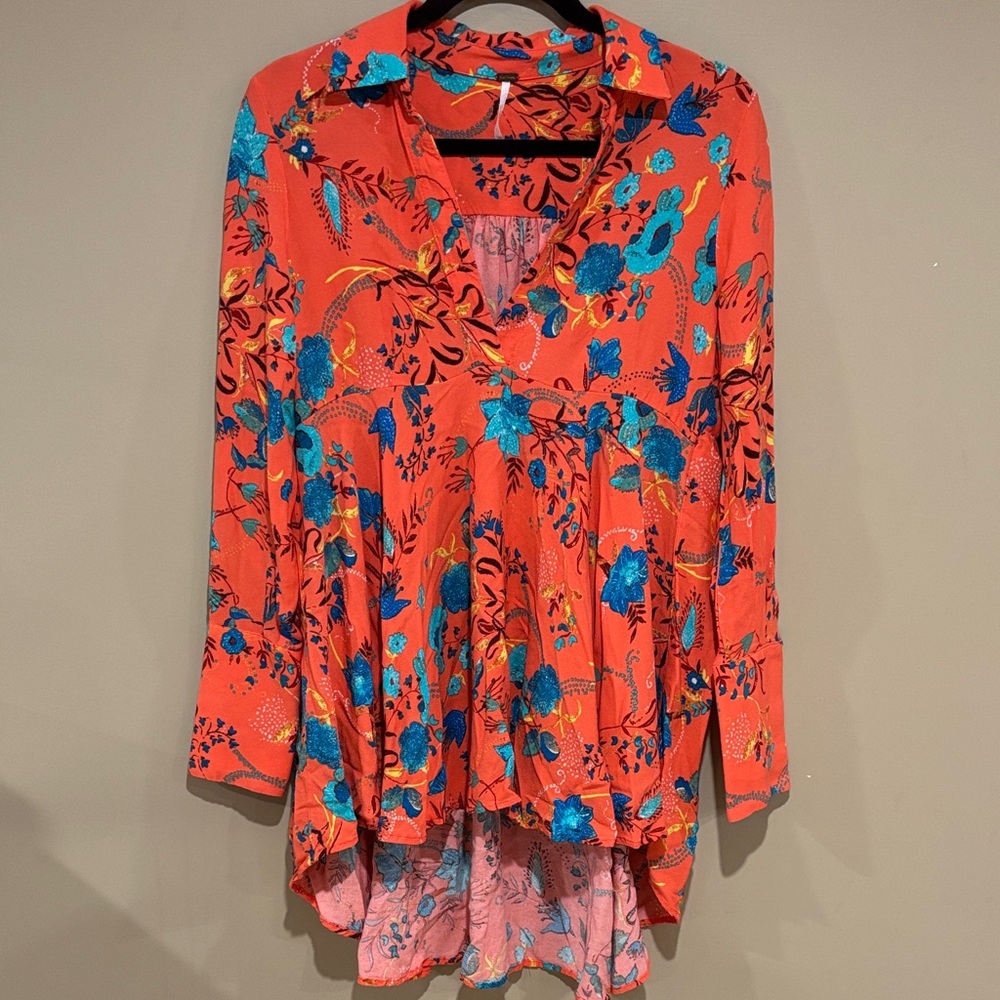 Free People Coral Floral Tunic with Blue Accents